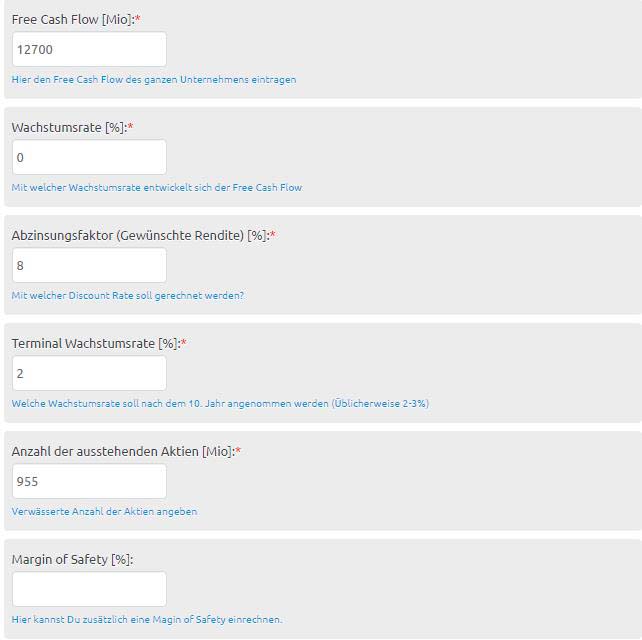 Unternehmenswert ermitteln am Beispiel von IBM. Hier die Eingabewerte zur Ermittlung des fairen Wertes von IBM